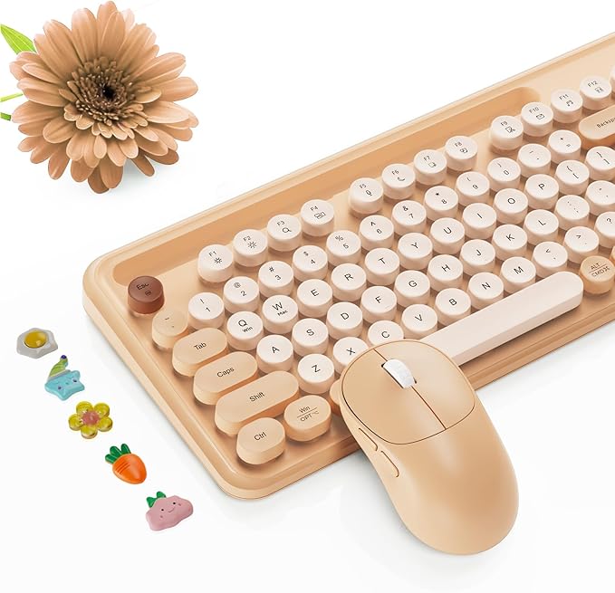 Wireless Keyboard and Mouse Combo, Retro Round Keycaps, Full-Size Typewriter Keyboard with Phone/Tablet Holder, Ergonomic Mouse with 3-Level DPI, 2.4GHz Connection for Windows/PC (Beige Colorful) | Full-Size Retro Typewriter-Style Keyboard, Tilt Legs, ...