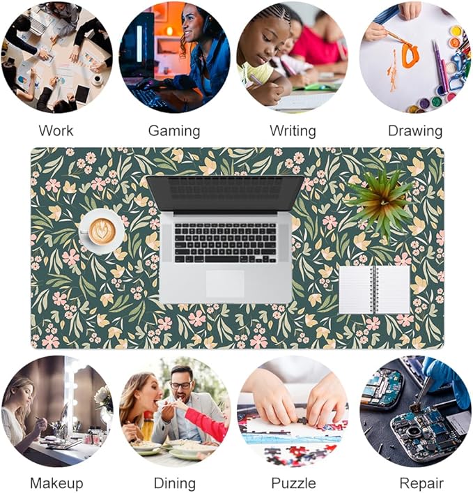 Faux Leather Large Mouse Pad, Office Desk Mat, 31.5"x15.7", Ditsy Floral | Desk Décor Accessories, Extended Size, Waterproof & Easy to Clean, Smooth Surface, Non Slip Desk Organization