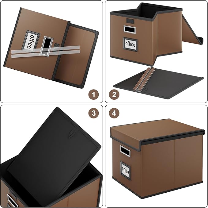 File Organizer Box with Lids, Collapsible File Folder Organizer | File Box with Plastic Slides for Document, Filing Bin for Letter Size Hanging File Folders (4 Pack, Brown, Leather)