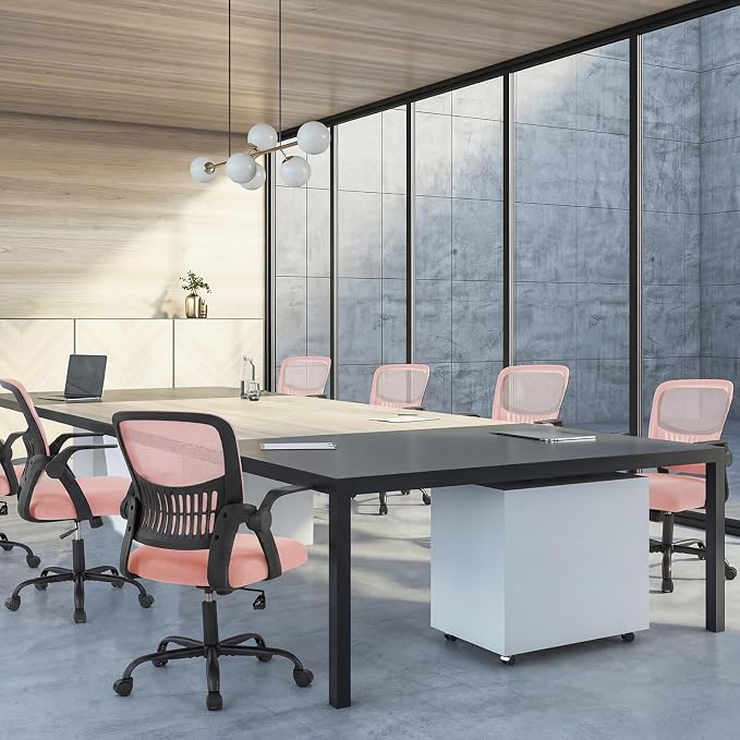 Sweetcrispy Computer Desk Chair, Mesh Office Chair, Lumbar Support | Ergonomic Mid-Back, Flip-Up Armrest, Adjustable Height, 360° Swivel Wheels, Home Office, Bedroom Comfy Arms, Black and Pink