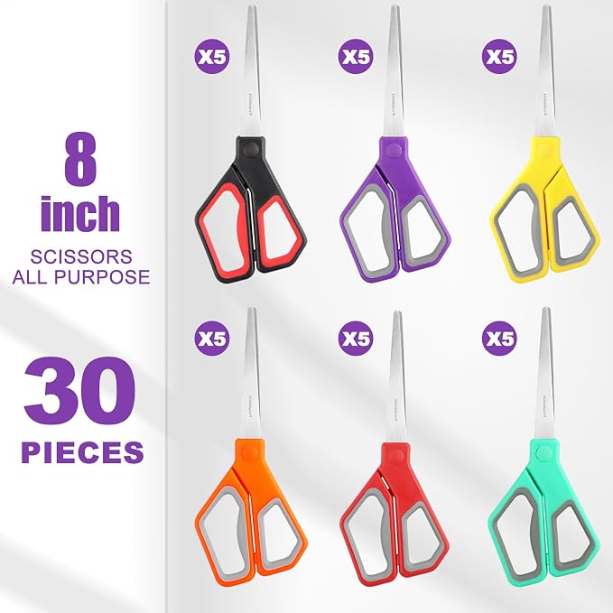 BURVAGY 30 Pack 8" Scissors All Purpose, Heavy Duty Scissors for Office | Scissors Bulk Multipurpose Comfort-Grip Sharp Adult Office Scissors Set Sewing Fabric Stainless Steel Blades, Right/Left Hand