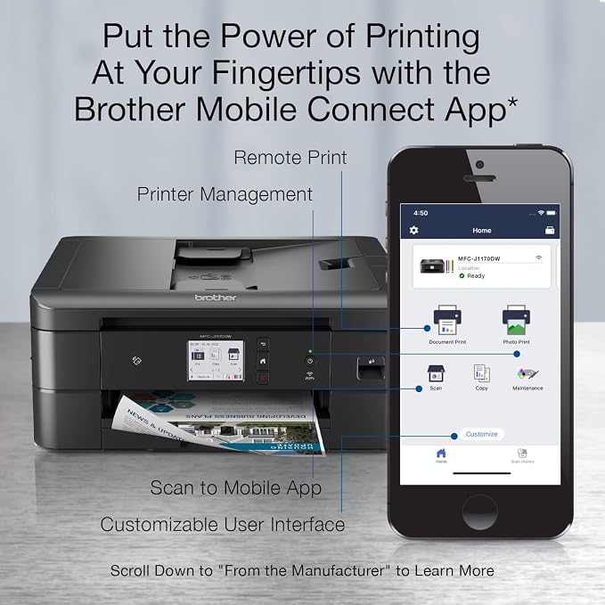 Brother MFC-J1170DW Wireless Color Inkjet All-in-One Printer with Mobile Device Printing, NFC, Cloud Printing & Scanning, Refresh Subscription and Amazon Dash Replenishment Ready (Renewed Premium)