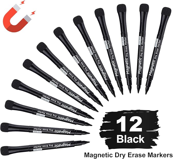 LivDeal Magnetic Dry Erase Markers - Fine Tip, Black Color, 12 Pack, Low Odor Whiteboard Markers for Kids & School, Work On White board & Calendar, Refrigerator