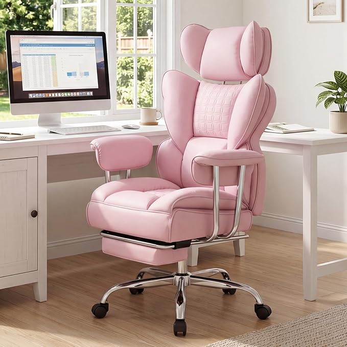DUMOS Big and Tall Home Office Desk Chair, Executive Chair with Footrest | Scratch-Resistant PU Leather, Ergonomic Reclining, Pocket Spring Support, 400 LBS Weight Capacity, Pink