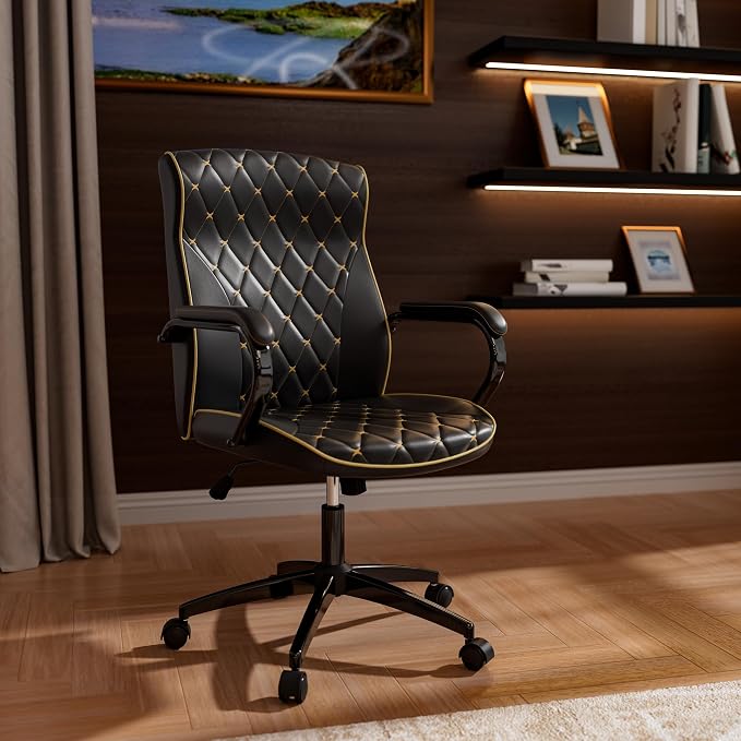 Black Office Chair, Luxury Leather Executive Desk Chair | Elegant Timeless Appeal, Vintage Mid Back Styling with Wheels and Padded Arms, Thick High Density Foam Comfort