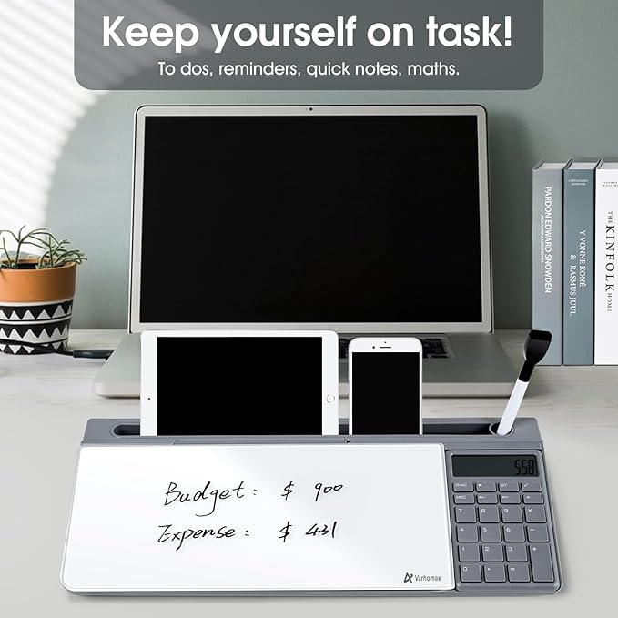 Varhomax Glass Desk Whiteboard with Calculator | Desktop Dry Erase White Board with Storage, To Do List Memo Notepad for Home and Office