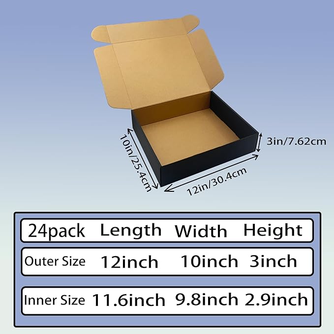 20 Pack 12x10x3 inches Black Shipping Boxes, Corrugated Mailer Boxes, Packaging Boxes for Products, Recyclable Cardboard Box, Flat Literature Mailers for Gifts, Small Business by Mailing