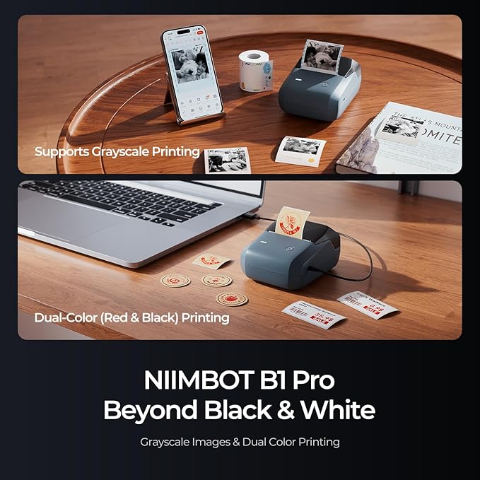 NIIMBOT B1Pro Label Maker, 300DPI HD Sticker Printer for Photo, Blue | Red&Black Dual-Color Label Printer for Stores, Small Business, Built-in a Roll of Label(2 x 1.2 inches-White)