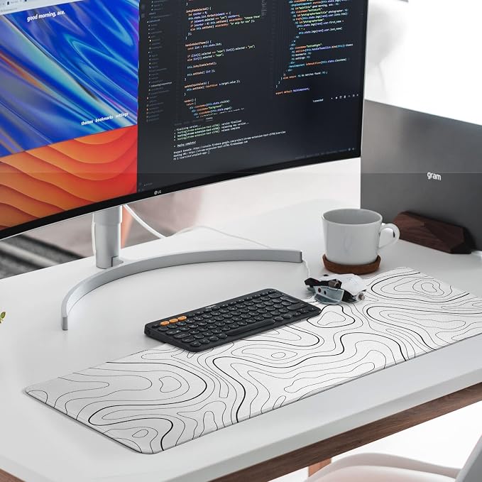 White Big Mousepad for Gaming Large Topographic Map Washable Desk Pad with Stitched Edge Office Supplies and Decor 31.5''x11.8'' Computer Keyboard Protector