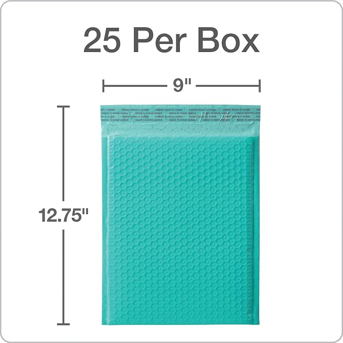 Quality Park Bubble Mailers, 8.5 x 11 Shipping Envelopes, Water Resistant Teal Poly Padded Envelopes, Redi-Strip Peel Off Closure, 25 Per Box (QUA85860)