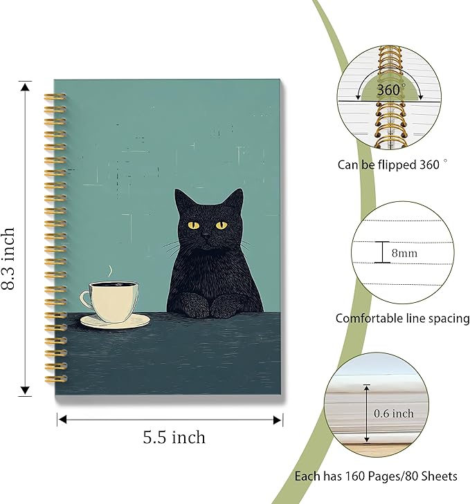 ROXMART Vintage Coffee Black Cat Spiral Notebook Journal, Cat Lover Mom Lady Gifts for Women, Funny Black Kitty Kitten with Coffee Hardcover Notebook Journal, 5.5x8.3 Inch