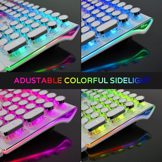 RK ROYAL KLUDGE S108 Typewriter Mechanical Keyboard, Full RGB Gaming Keyboard, Wired PC Game Keyboards with Detachable Wrist Rest and Number Pad, Retro Round Keycaps, Brown Switch White