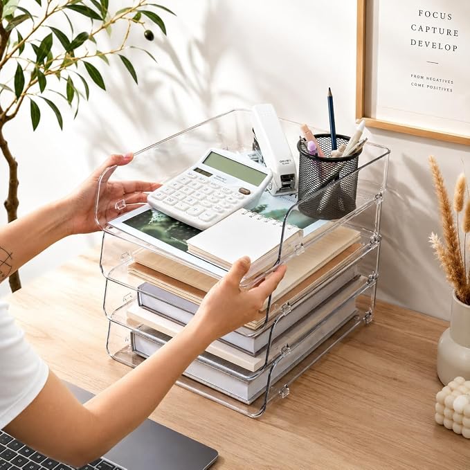 Clear Acrylic Paper Tray, 4 Tier Paper Organizer for Desk | Clear 4-tier organizer for files, folders & documents. Keeps desks tidy with easy-access vertical storage for office or home.