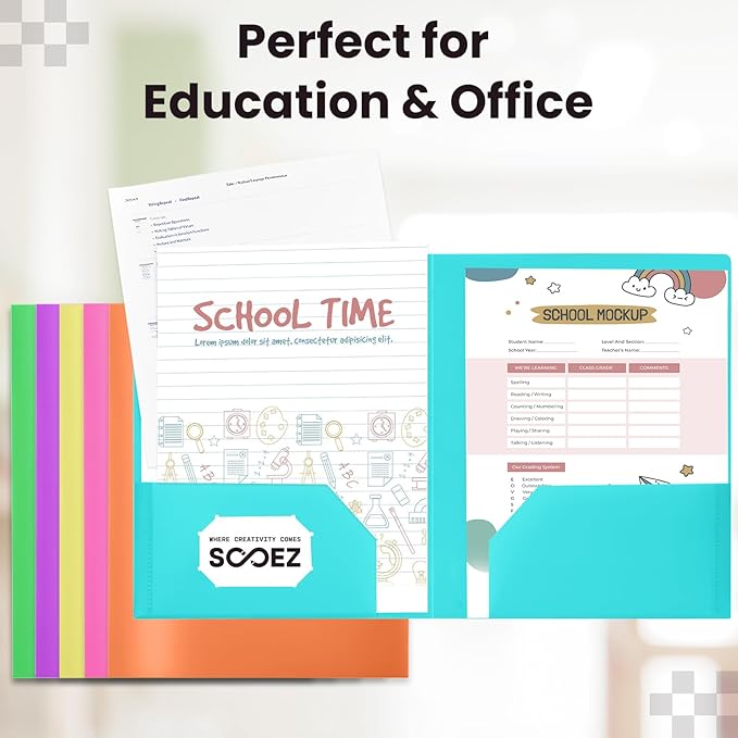 Sooez 6Pack Folders with Pockets, Pastels Colors, Heavy Duty Pocket Folder | Plastic Folders with Pockets, 2-Pocket Folder Bulk, Aesthetic File Folder, Back to School Office Filing Supplies