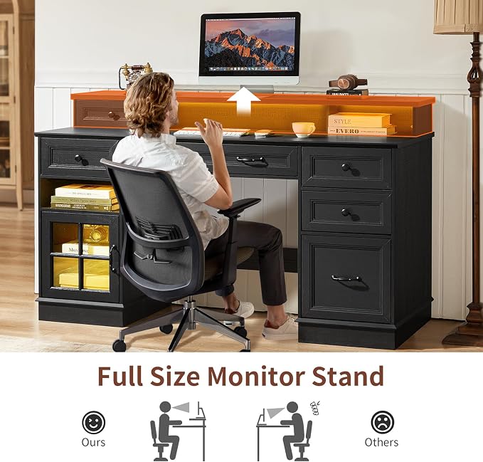 HAUOMS Farmhouse Executive Desk Computer Desk with Drawers,Black | Executive Office Desk with File Drawers, Power Outlet, Led Lights, Storage Cabinet and Monitor Shelf for Home Office