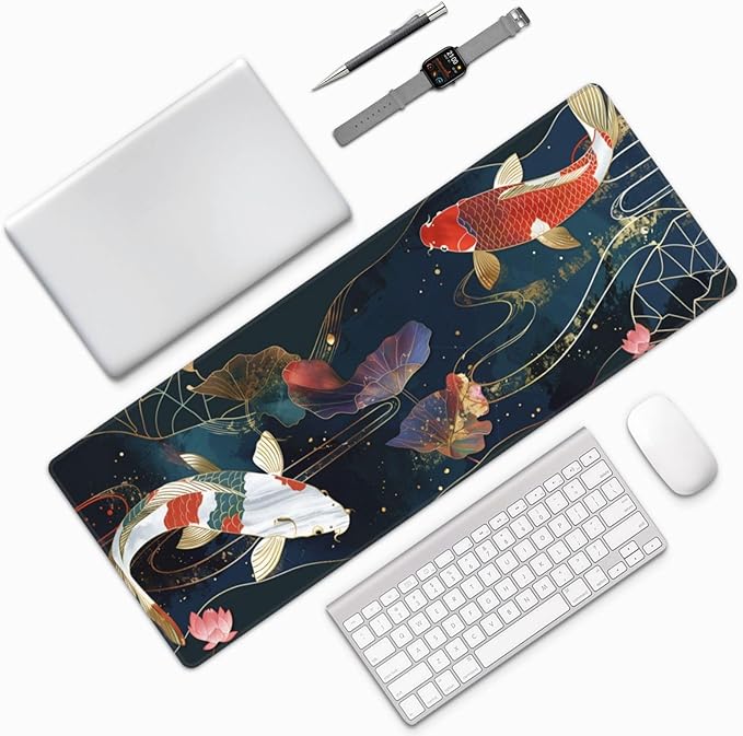 Gaming Mouse Pad Desk Pad,Extended Big Mouse Pad,31.5x11.8 Inch Long Computer Keyboard Mouse Mat Mousepad with 3mm Non-Slip Base and Stitched Edge for Gaming and Office⦠(koi)