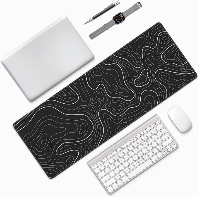 Extended Gaming Mouse Pad, Large Gaming Mouse Waterproof with Stitched Edges, Non-Slip Desktop Pad for Home and Office, Level Up Your 31.5x11.8 Inch… (Black Topographic)