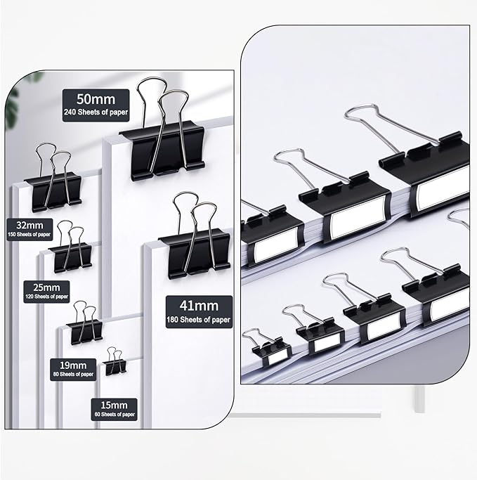 300Pcs Assorted Binder Clips Bulk Black Paper Clamps Office Supplies | 6 Sizes Jumbo, Large, Medium, Small, Mini and Micro, Metal Metal Binding Med Clips for Teachers Business