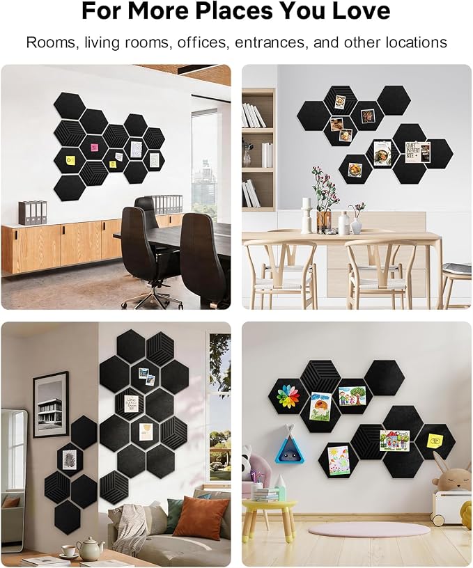 Hexagon Large Cork Bulletin Board Tiles, Peel and Stick Felt Wall Panels for Vision, Message Center, Picture and Prayer Board for Office, Dorm, Room and Desk Decor(Black)