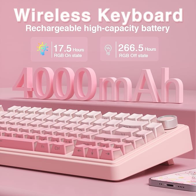 AULA F75 Pro Wireless Mechanical Keyboard Silent Version,75% Hot Swappable Custom Keyboard with Knob,RGB Backlit,Pre-lubed Switches,Side Printed PBT Keycaps,2.4GHz/USB-C/BT5.0 PC Gaming Keyboards,Pink