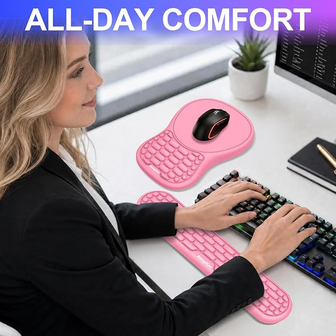 Ergonomic Keyboard Wrist Rest and Mouse Pad Wrist Support Set, Pink | Ergonomic Memory Foam,Pain Relief Wrist Support,Non-Slip Base, Waterproof Smooth Surface,Office & Gaming Desk Accessories