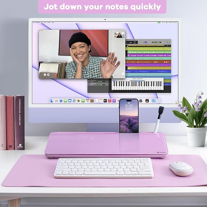 Varhomax Glass Desk Whiteboard with Storage | Desktop Organizer To-do List Memo Notepad Dry Erase White Board for Home Office and School Supplies (Purple)