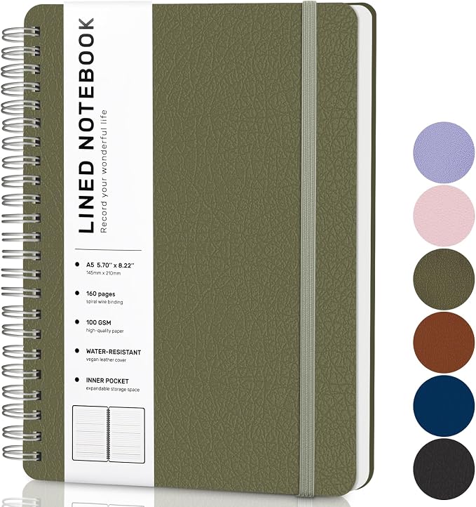 Lined Spiral Notebook for Women, A5 College Ruled Leather Spiral Journals | 160 Pages Small Journaling Notebooks, 5.7"x11" Note Book for Writing, Work, School, Men, Hardcover Leather Journals, Green