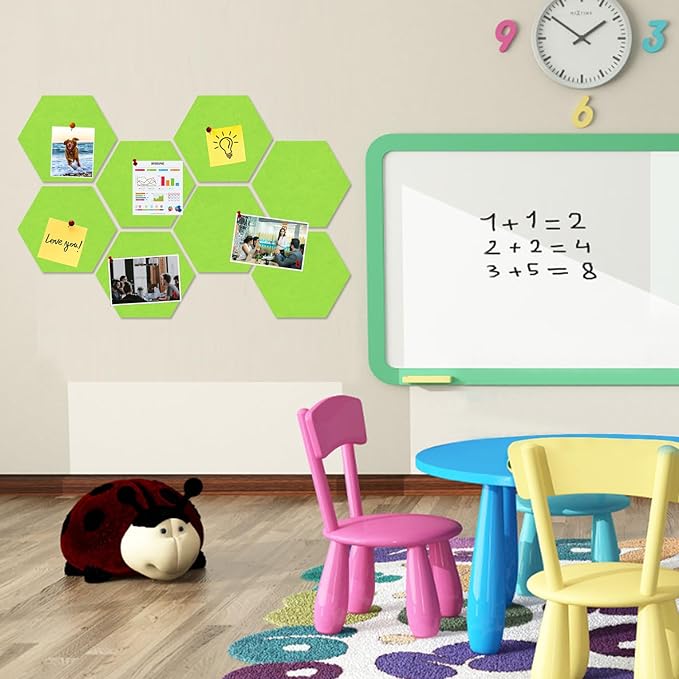 Large Hexagon Felt Cork Board Tiles, Self Adhesive DIY Felt Bulletin Board Pin Board with 35 Pushpins for Office School Home Wall Decor Stickers Memos Photos Display(Bright Green)