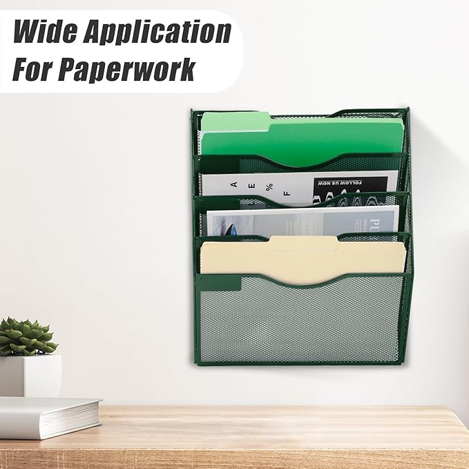 5 Pocket Mesh Hanging File Organizer, Wall Mounted Mail Paper Document Folder Holder, Clipboard Storage Organization Magazine Rack with Nametag Label for Office Home School, Dark Green
