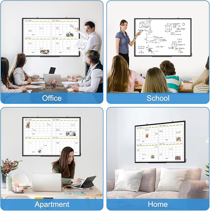 Dry Erase Calendar for Wall 4 Month, 36" x 24" Large White Board Calendar | Double-Sided Magnetic, Black Aluminum Frame, Hang Wall Mount, Monthly Planner Board for Home Office School