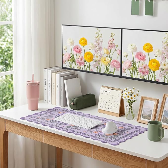 Lavender Floral Scalloped Mouse Pad Bird Botanical Lilac Garden Large Gaming with Stitched Edges,Non-Slip Waterproof Rubber Base Mous Mat Office Computer Keyboard Laptop Home 31.5"x15.7"