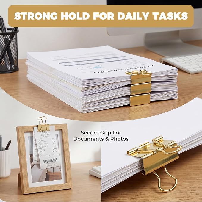 100 Pcs Binder Clips for Office, Paper Clamps, Metal Clamp Bulk for Document Organizing, School Supplies for Teachers Business, Gold Binder Clips Assorted Sizes