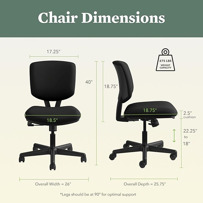 HON Volt Ergonomic Office Chair, Armless, Office Desk Computer Chair, Black | Fabric desk chair with armless design, rolling mobility, office decor, workstation seating for productivity and study