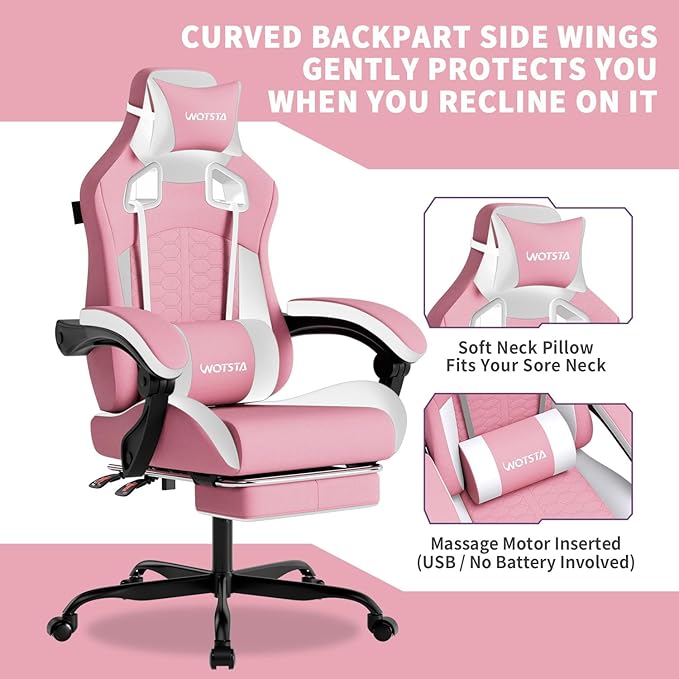 Gaming Chair with Massage,Ergonomic PC Gaming Chair with Footrest Comfortable Headrest and Lumbar Support,High Back Game Chair PVC Leather,300LBS (Pink)