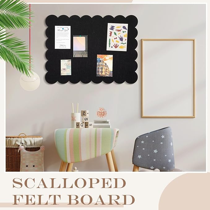 Mooliwe Scalloped Felt Bulletin Cork Board Foldable Black 36 * 24 Inch | 3' x 2' Trifold, Self Adhesive, Picture Vision Board, Cork Alternative for Wall, Pin Bulletin Decorative for Office Bedroom