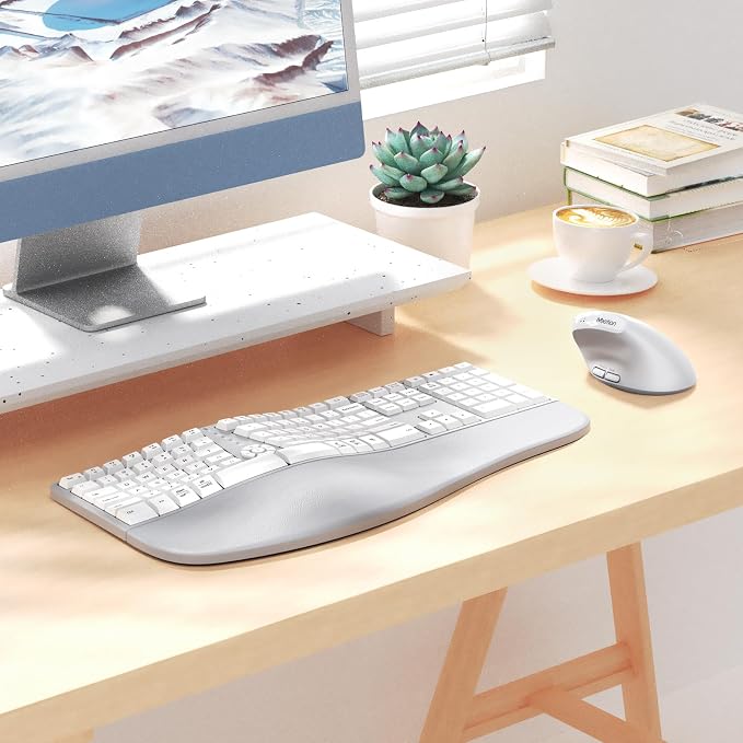 MEETION Ergonomic Keyboard Mouse Combo, Split Design, Vertical Mouse, Gray | Rechargeable full-size keyboard with cushioned wrist rest, 2.4GHz USB receiver, natural typing, for Windows, Mac, PC, laptop