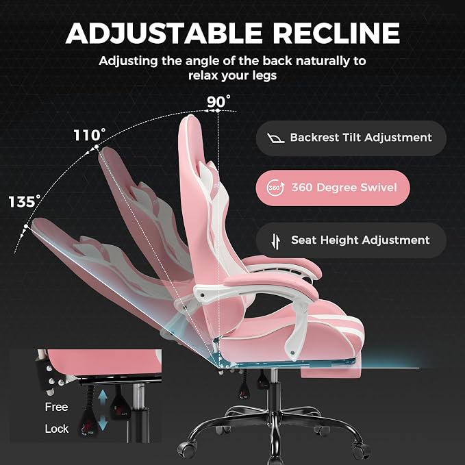 GTPLAYER Gaming Chair, Computer Chair with Footrest and Lumbar Support, Height Adjustable Game Chair with 360°-Swivel Seat and Headrest and for Office or Gaming (Faux Leather, Pink)