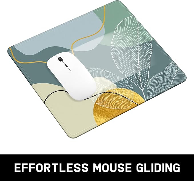 Mouse Pad, Minimalism Marble Style Computer Pad, Anti-Slip Rubber Mouse Mat with Stitched Edges for Gaming, Office, Laptop, PC, Women, 9" x 8" Thick 3 mm, Boho Leaves-02