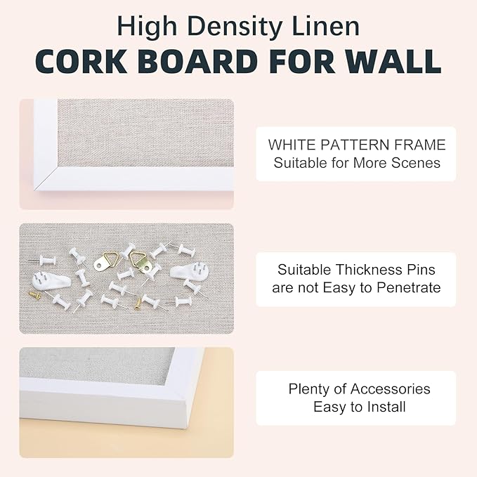 OWLKELA Linen Cork Bulletin Board, 20"x 30" | White Framed Corkboard, Vision Board, Ideal for School, Home and Office