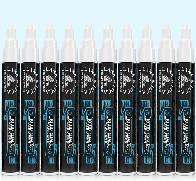 LANA & LUCA White Liquid Chalk Marker Pens - White - 10 Pack, 6mm | Bright White Liquid Chalk for Chalkboard Signs, Windows & Glass - Reversible 6mm Chisel & Bullet Tip - Dustless Formula