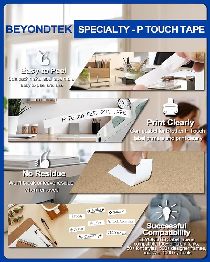 TZE-231 Compatible for Brother P Touch Tze Tz Black on White 12mm 0.47 Tape P Touch Label Maker Black on White Tape for Brother PT-D200 PT-D210 PTH100 PT-D400, 0.47" x 26.2'(12mm x 8m), 4 Packs