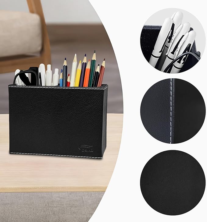 Black Pen Holder, Double Slots Leather Pencil Holder, Elegant Pen Holder for Desk, Stationery Organizer for School Office Home Dorm