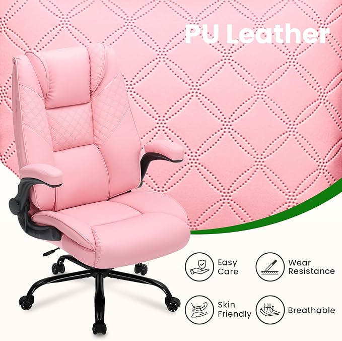 CIOMAN 500lbs Big and Tall Office Chair with Inflatable Lumbar Support, Rubber Wheels Executive Chair with Rocking Function, High Back Wide Cushion Ergonomic Desk Chair for All-Day Sitting,Pink