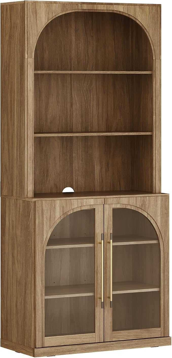 BELLEZE 72" Tall Modern Wood 6-Tier Shelf Storage with Sturdy Aluminum Handle, Glass Display Curio Cabinet, Bookshelf Bookcase for Office, Living Room, Camel