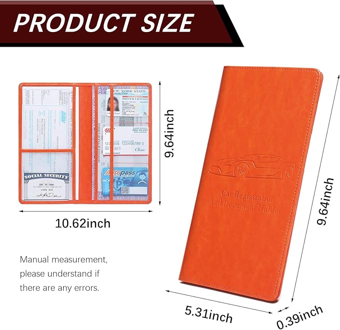 Car Registration and Insurance Card Holder for Women Men, Orange Glove Box Paperwork Organizer with Magnetic Buckle for Easy Access and Protect Documents and Various Cards in Vehicle