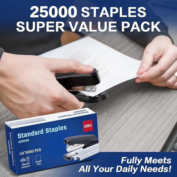 Deli Staples, 25000 Staples, 1/4'' Length, 210/Strip, 5 Boxes of 5000 Each | Standard Staple for Desktop Staplers