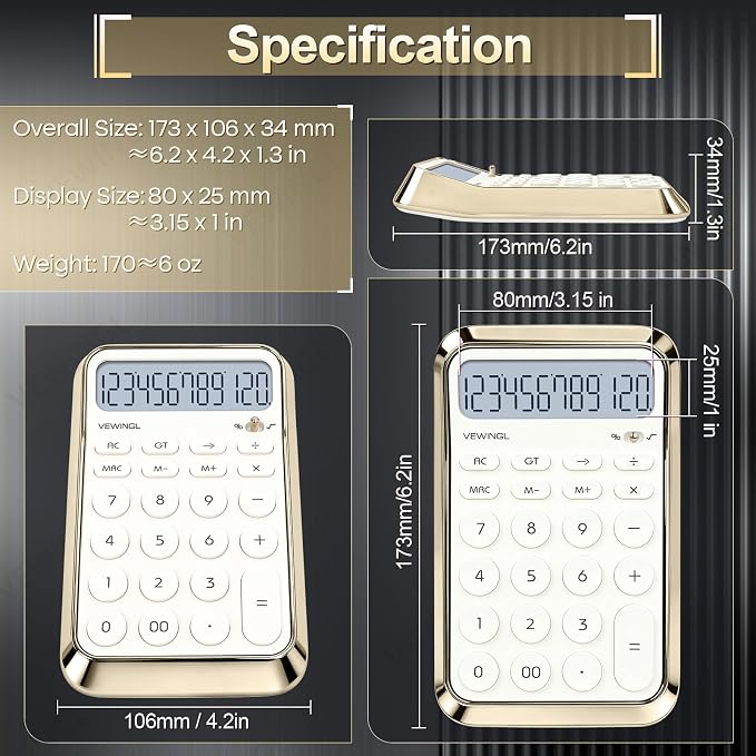 VEWINGL Desktop Calculator, 12 Digit HD Display with% Key | Metallic Vacuum-Plated Surface, Great for Office, School, or Home (Electroplated White, Non-Voice)