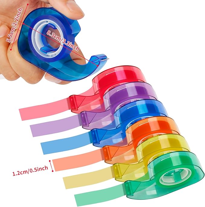 Eagle Rainbow Tape Dispenser with 6 Colored Adhesive Tapes - 1/2” Semi-Transparent Tape for Office, Crafts, School (6-Pack, Built-in Cutter, Multi-Color)