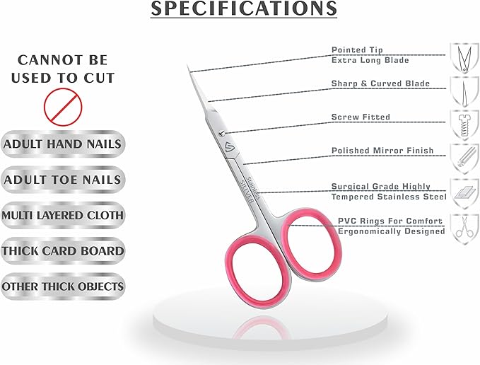 SILLVER Cuticle Scissors Extra Fine Curved, Super Slim Small Scissors with Precise Pointed Tip, Beard, Eyelash, Mustache, Dry Skin - Manicure Scissors