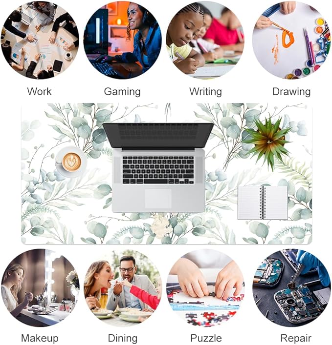 QiyI PU Leather Large Mouse Pad, 31.5" x 15.7", Eucalyptus Leaf | Desk Décor Accessories, Extended Size, Waterproof & Easy to Clean, Smooth Surface, Non Slip Desk Organization